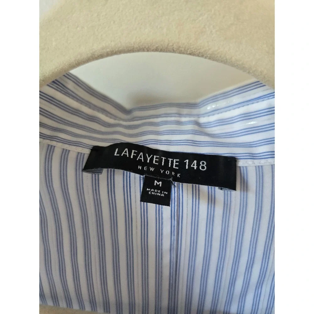 Lafayette 148 New York Blue White Striped Metallic Cotton Button Down Shirt M - Picture 7 of 7